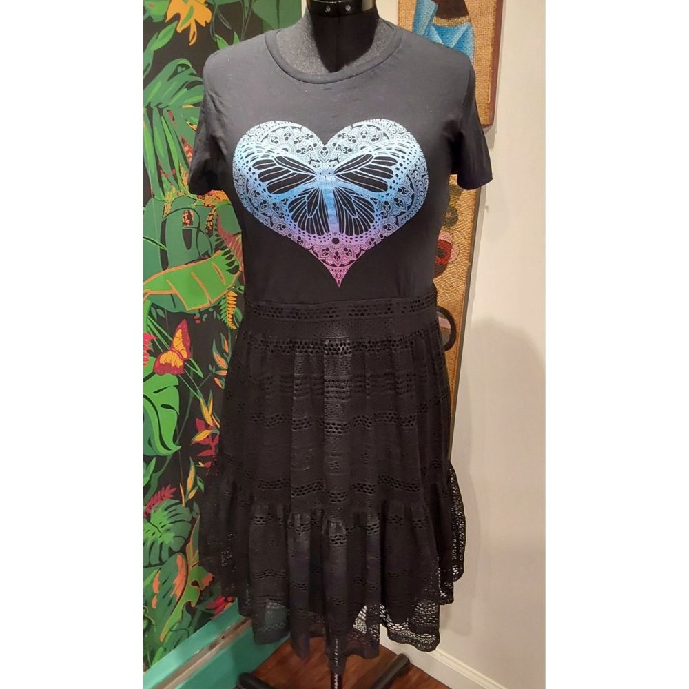 Handmade Upcycled Black Mini Dress with Butterfly and Lace. Some Stretch. L/XL
